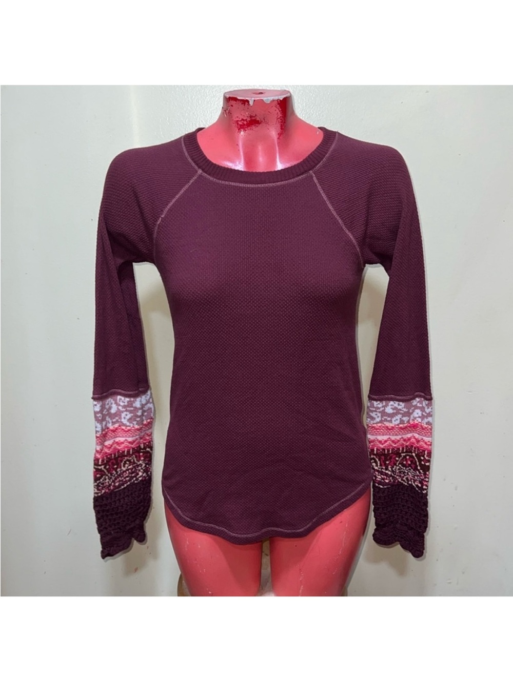 Free People Women's Long Sleeve Thermal Top with Patterned Cuffs - Burgundy